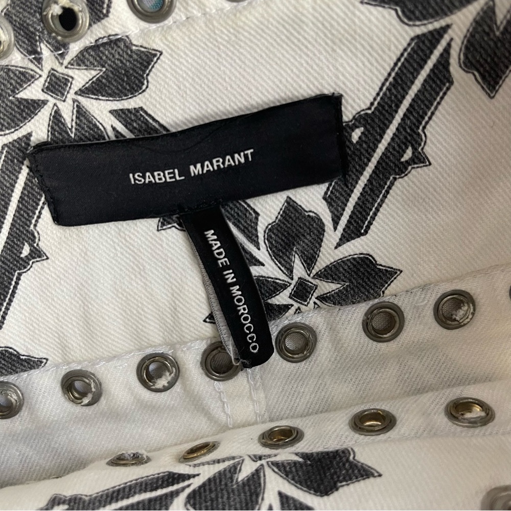 Isabel Marant Denim White Skirt w/Black Lattice Print & Red Embroidery - Picture 6 of 7